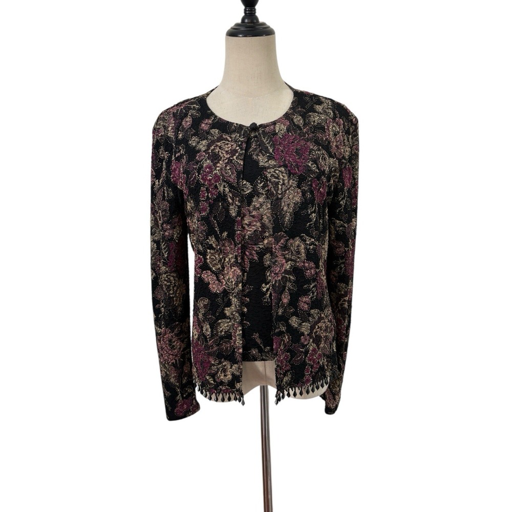 Vtg 90s Tank Cardigan Set Sz S Floral Beaded Hem Grunge Boho Dark Romantic